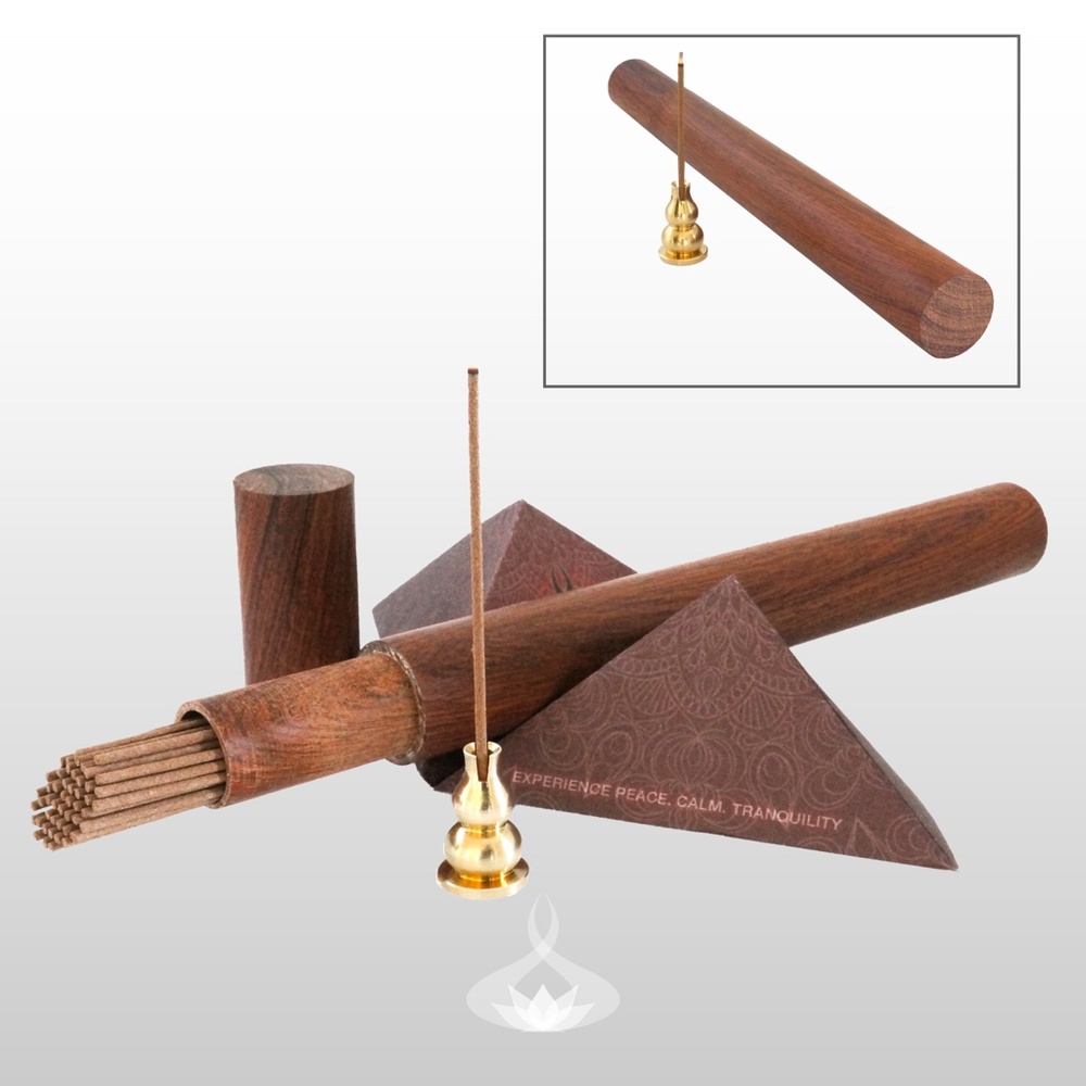 Ethereal Agarwood Incense Sticks in a Wooden Carrier with Brass incense Holder
